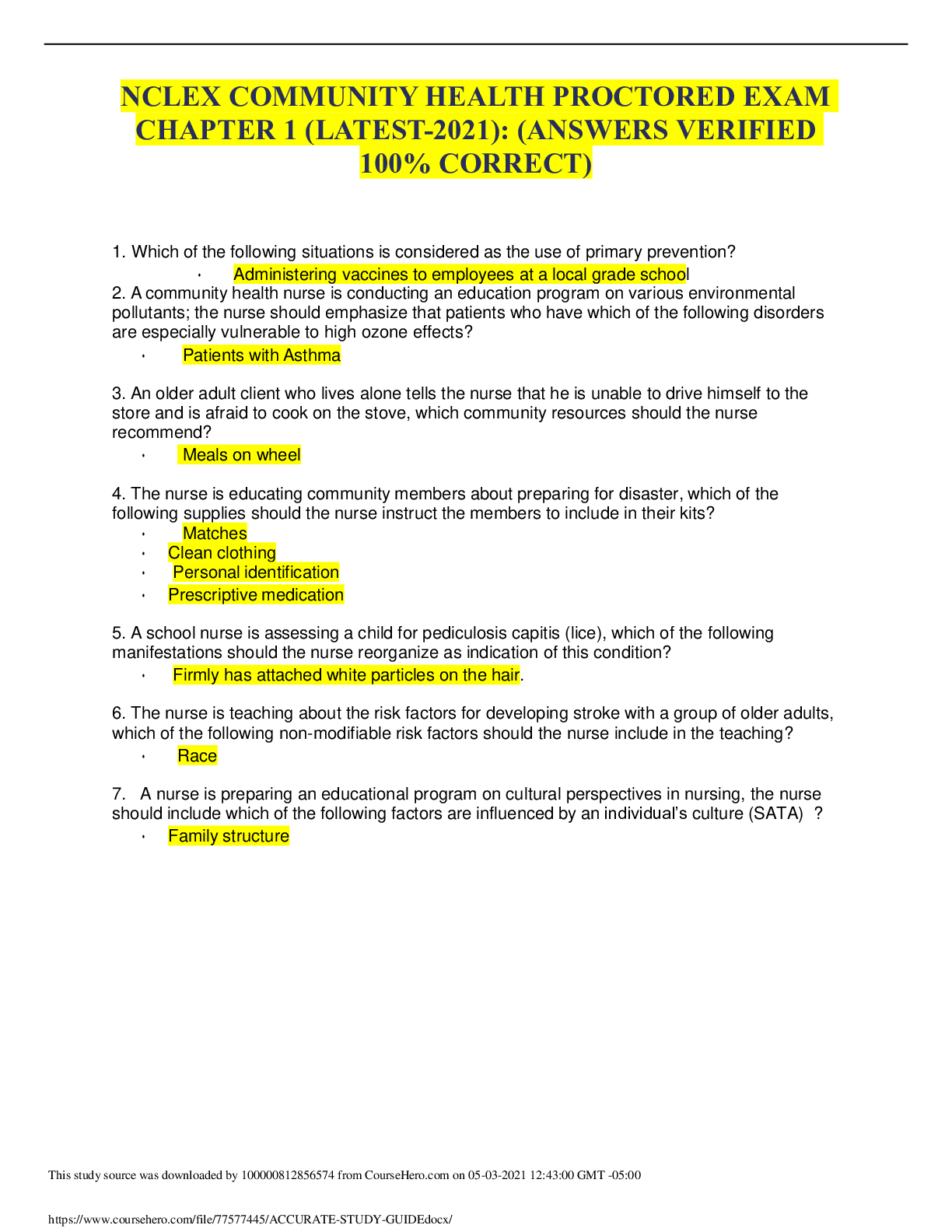 Preview image for NCLEX COMMUNITY HEALTH PROCTORED EXAM 2021